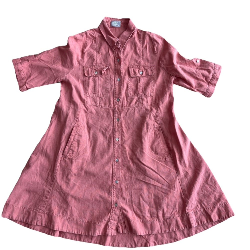 Heroes & Dreamers Linen Rayon Coral‎ Twill Shirt Swing Dress Sz M Casual Comfort